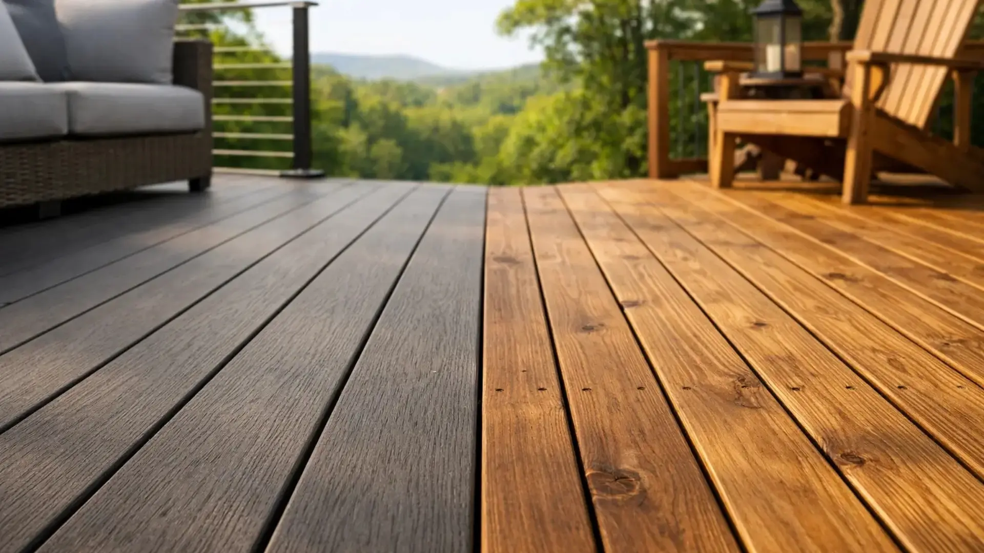 Composite decking vs wood decking comparison for luxury outdoor living space in Georgia featuring modern composite deck boards beside traditional wood decking.