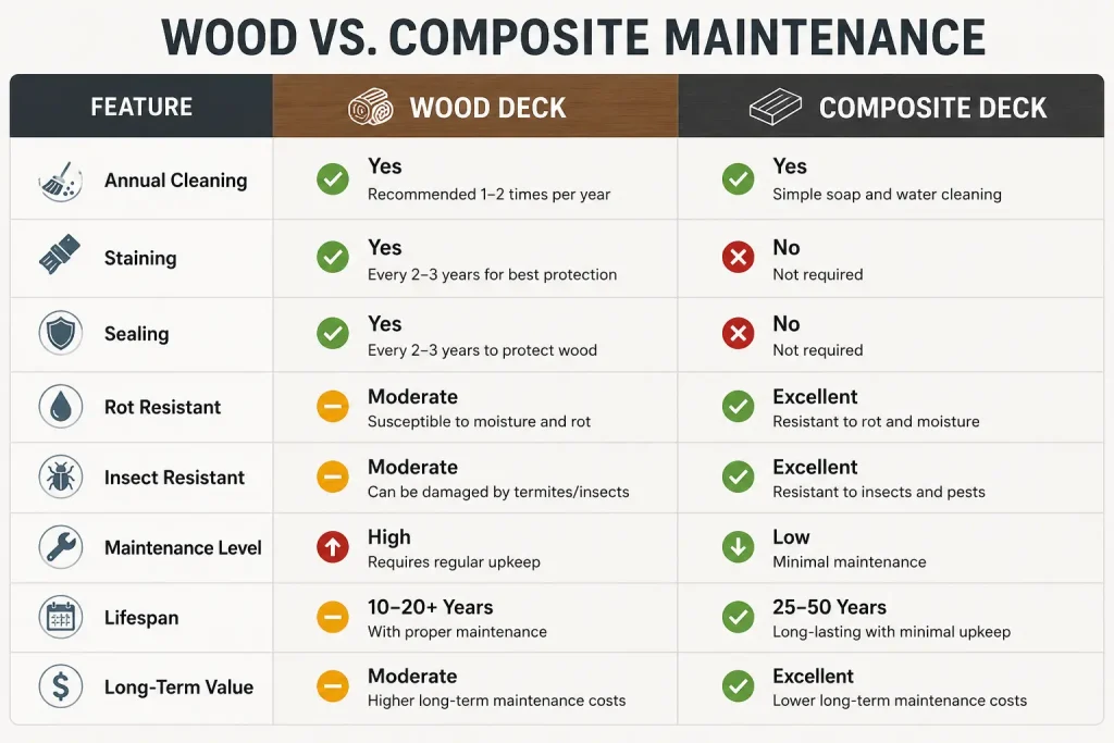 Comparison chart showing wood deck vs. composite deck maintenance requirements, durability, lifespan, and upkeep.