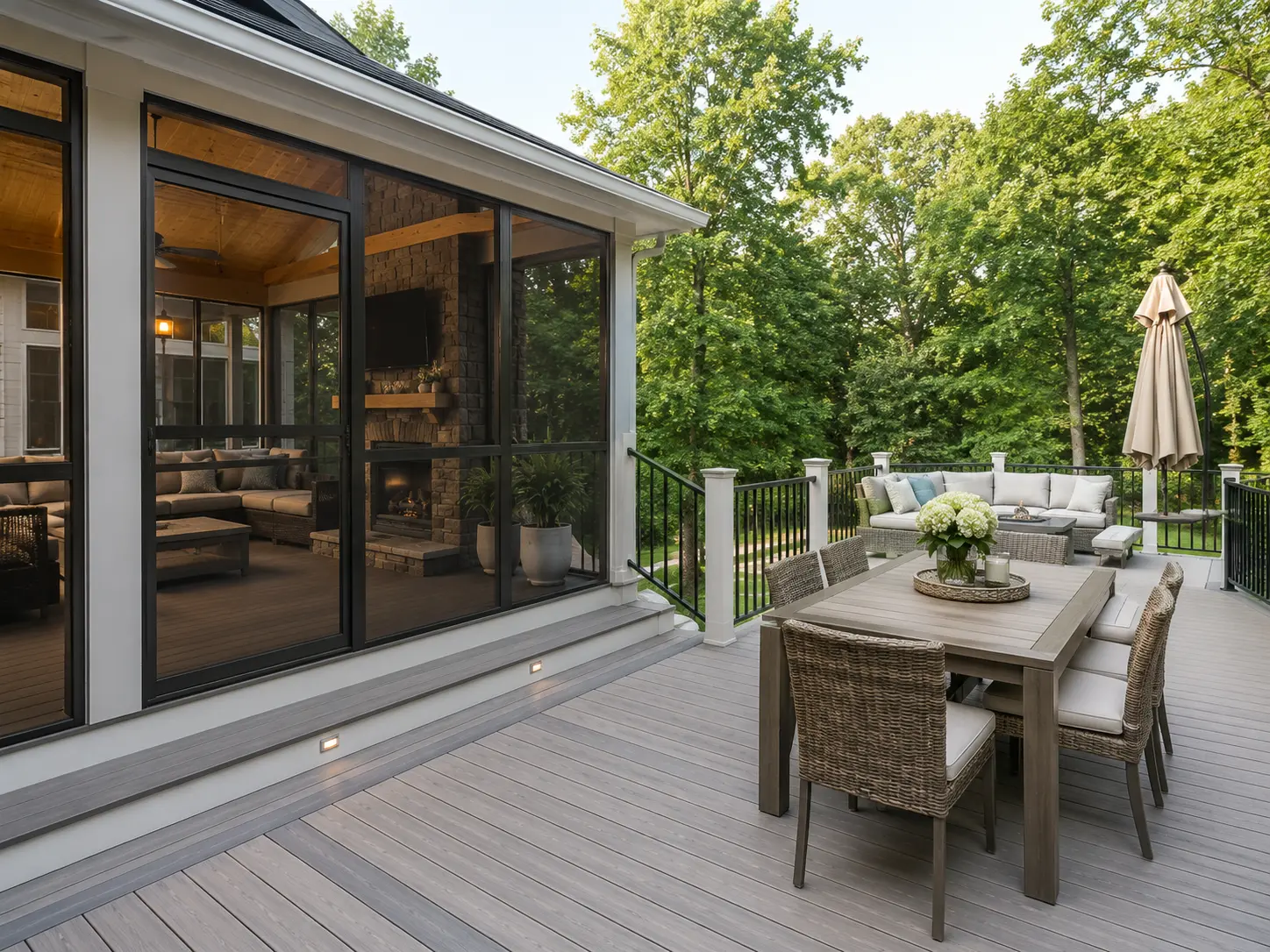 Light gray composite deck connected to a screened porch with outdoor dining and lounge area in Alpharetta, GA.