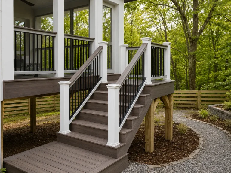 Completed composite deck stairs with black aluminum railings leading to a premium screened porch in North Atlanta by Yanover Construction.