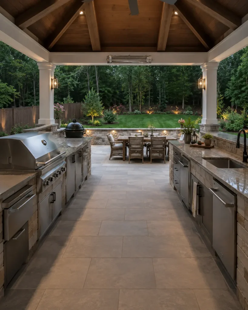 Luxury covered patio with custom outdoor kitchen and dining area for a home in Alpharetta, GA.