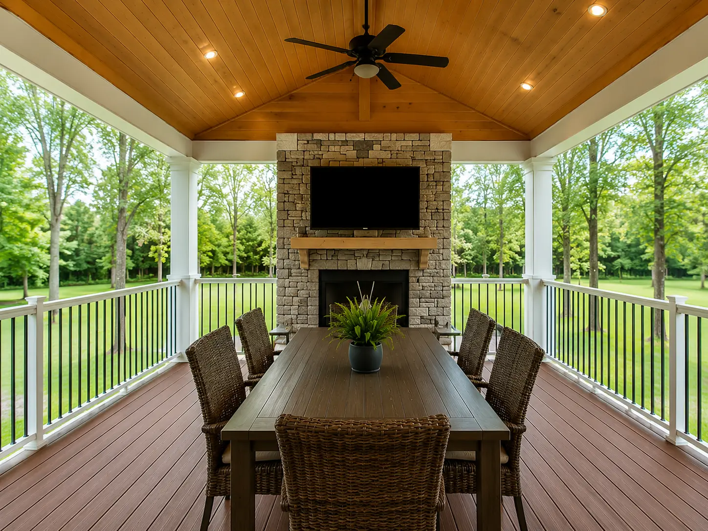 Covered porch with cedar ceiling, stone fireplace, dining area, and composite decking in Alpharetta.