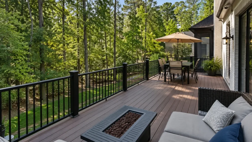 Custom composite deck in Milton, GA with black railings and outdoor living space overlooking a wooded backyard.