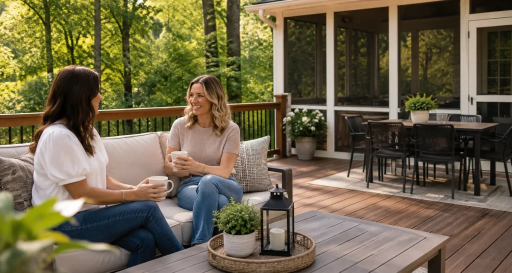 Two friends relaxing on a custom deck with a screened porch in North Atlanta