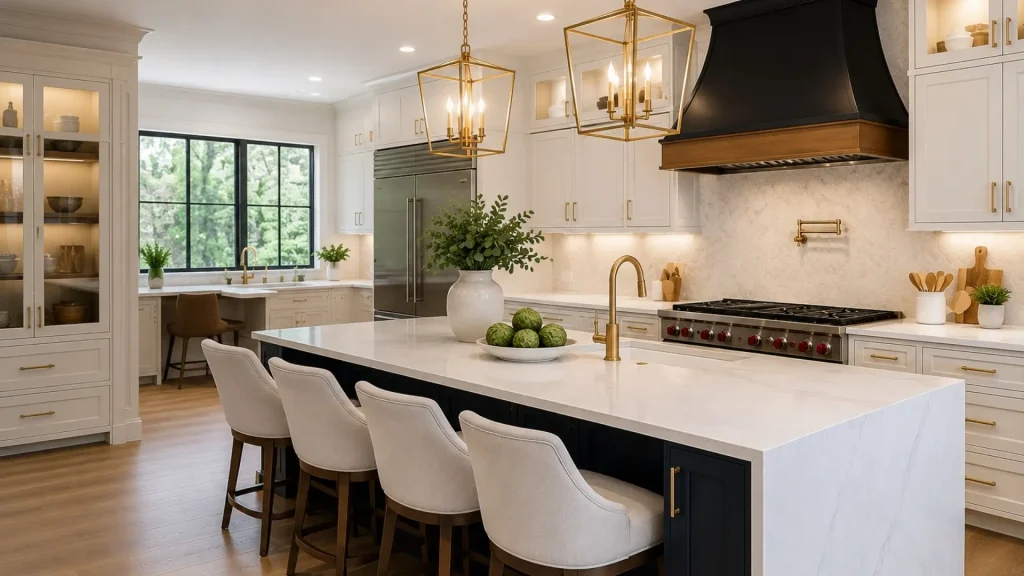 Luxury kitchen remodeling project in Alpharetta GA with custom cabinets and island