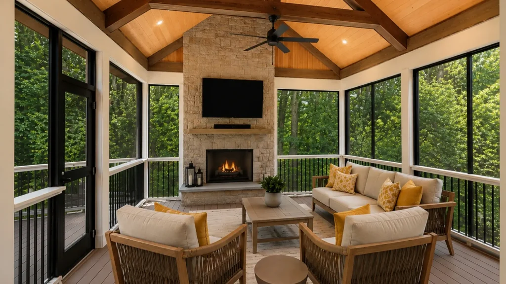 Luxury screened porch with vaulted tongue-and-groove ceiling, stone fireplace, and composite decking in Alpharetta and North Atlanta.