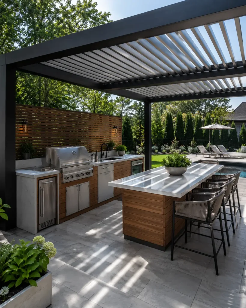 Modern pergola with custom outdoor kitchen, grill station, and seating area for a luxury home in Alpharetta, GA.
