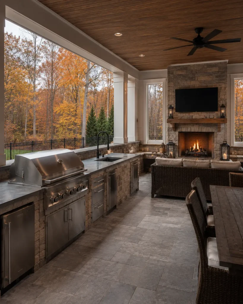 Custom outdoor kitchen with stone fireplace in Alphaaretta, GA