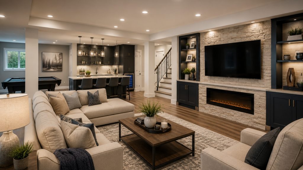 Professionally finished basement remodel in Alpharetta North Atlanta home featuring a living area, custom bar, fireplace, and entertainment space.