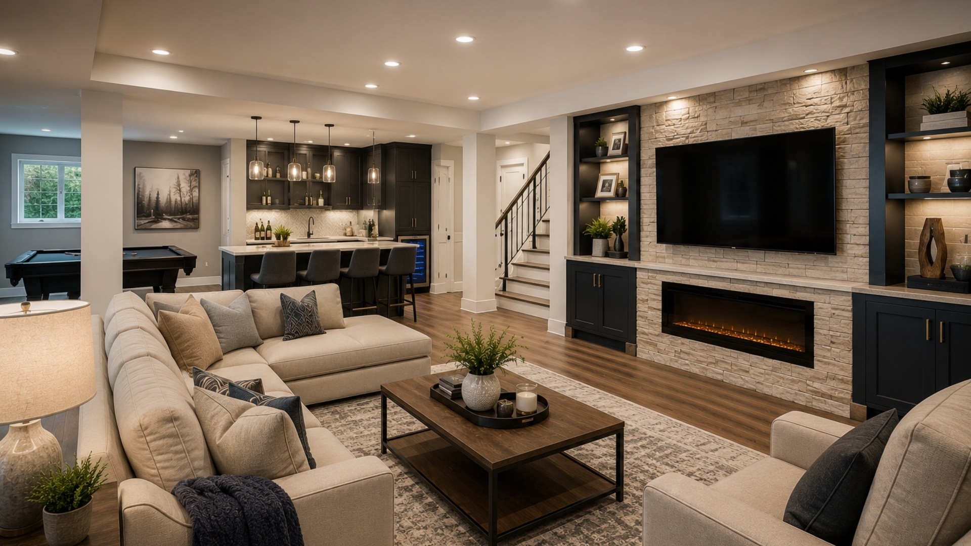 Professionally finished basement remodel in Alpharetta North Atlanta home featuring a living area, custom bar, fireplace, and entertainment space.