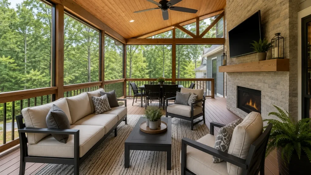 Screened porch with fireplace and outdoor living space in North Atlanta