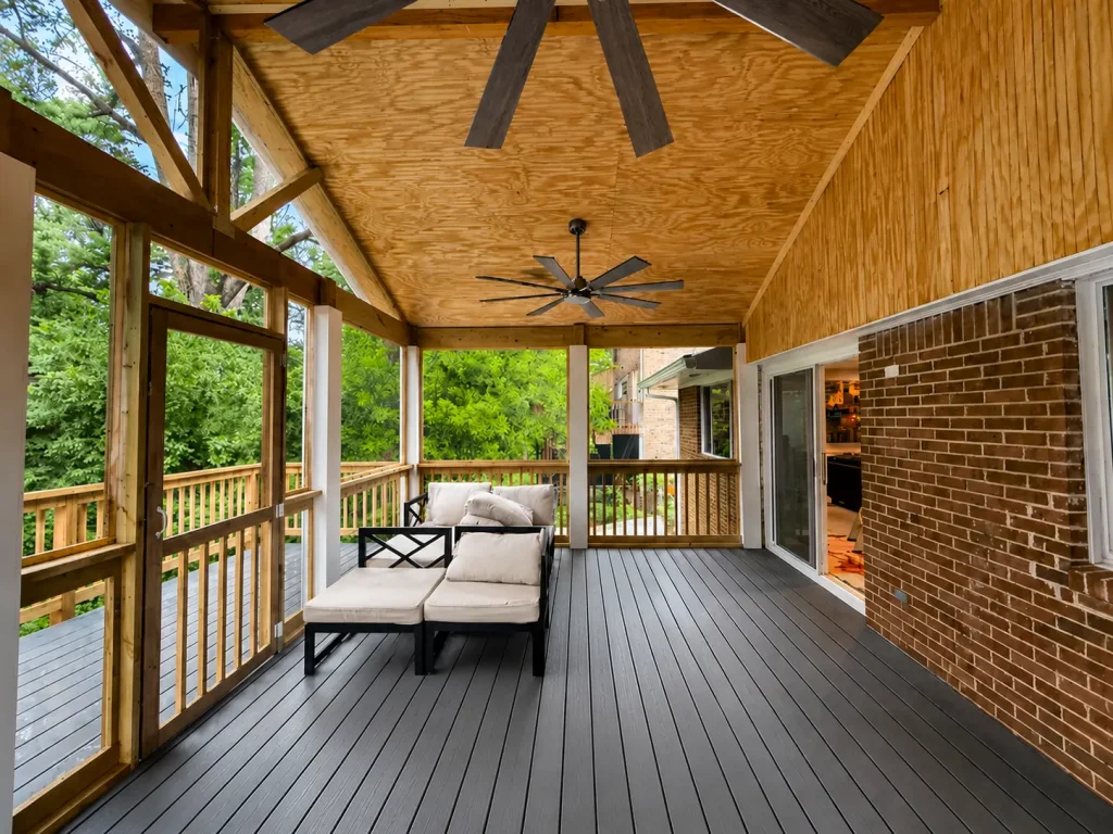Vaulted ceiling screened in porch in Alpharetta, GA.