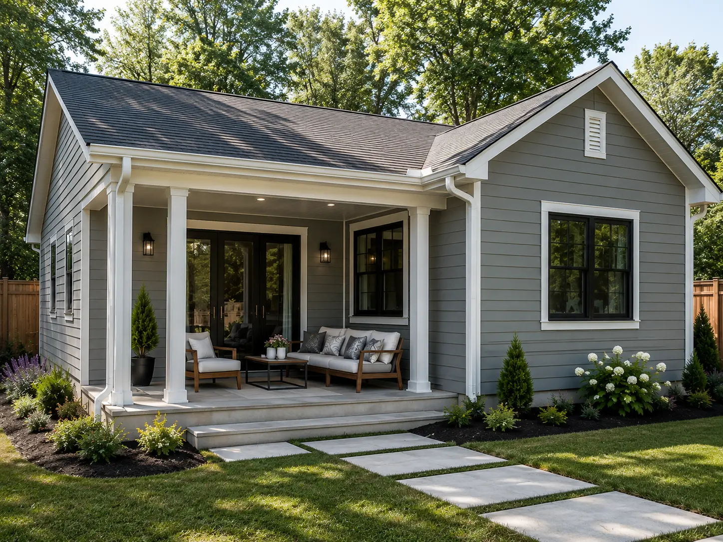 Custom detached ADU with covered porch and gray siding