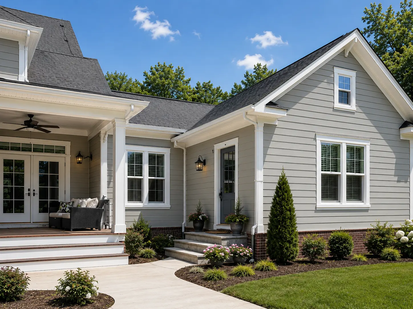 Luxury attached in-law suite addition with a private entrance and covered porch at a custom home in North Atlanta.
