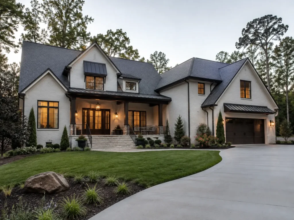 Luxury custom single-family home in North Atlanta featuring a covered front porch and attached garage.