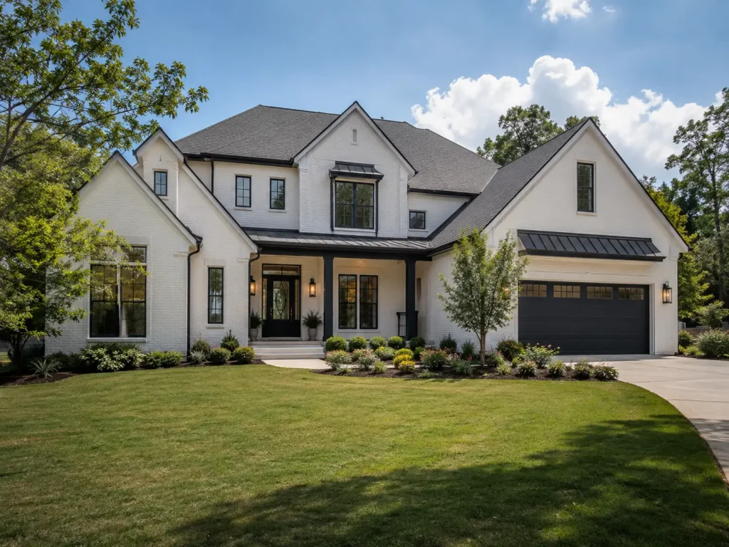 Custom single-family home in North Atlanta with white brick exterior, covered entry, and attached garage.