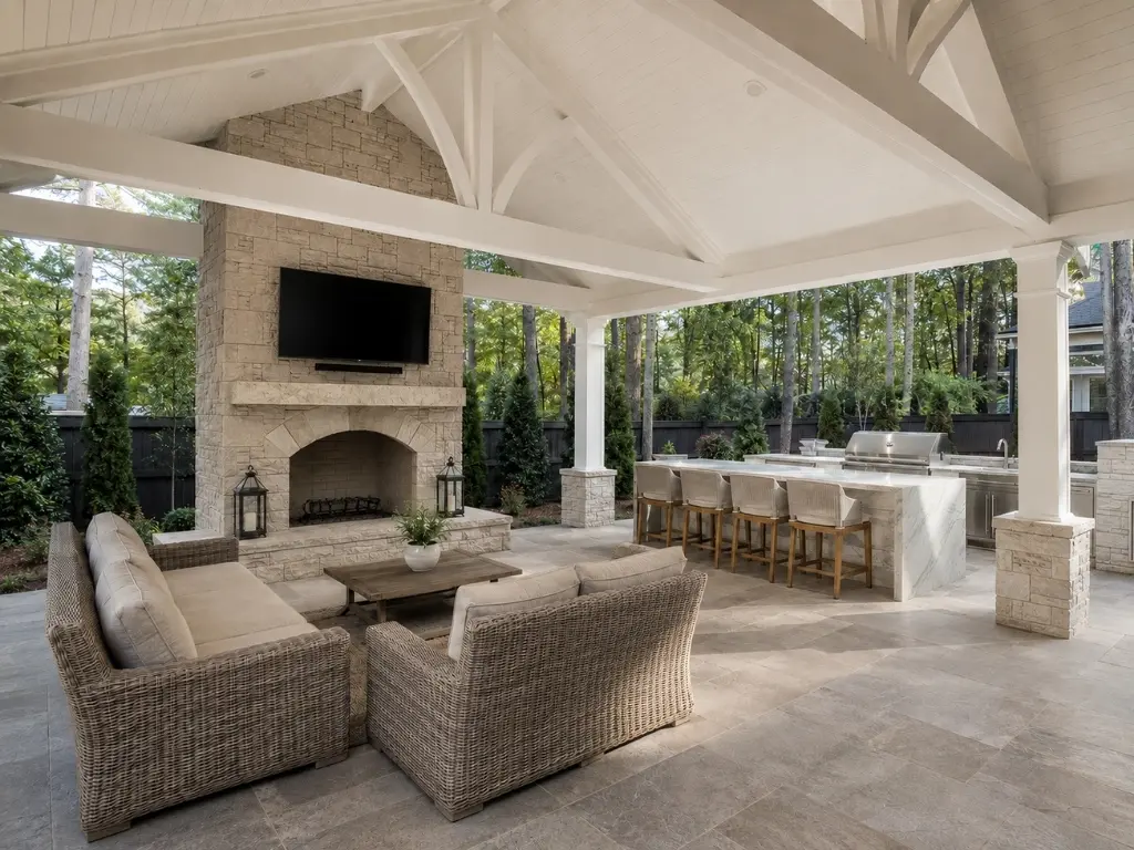 Custom outdoor living space with covered patio, stone fireplace, and outdoor kitchen in North Atlanta.