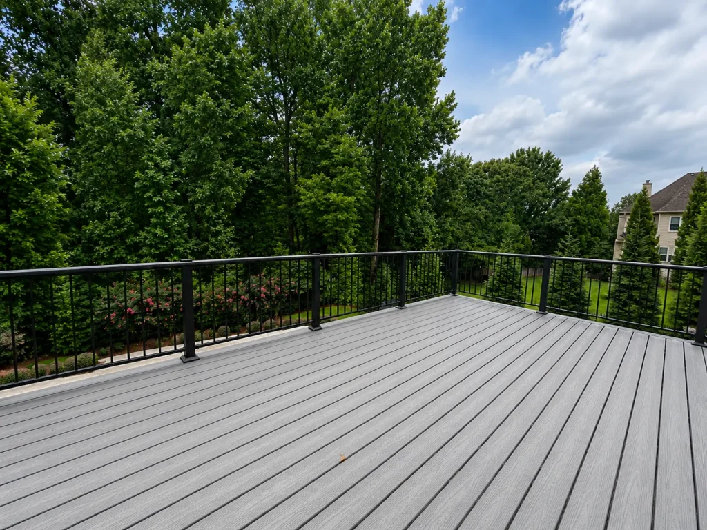 Backyard deck renovation with gray composite boards and black metal railing in Johns Creek, GA