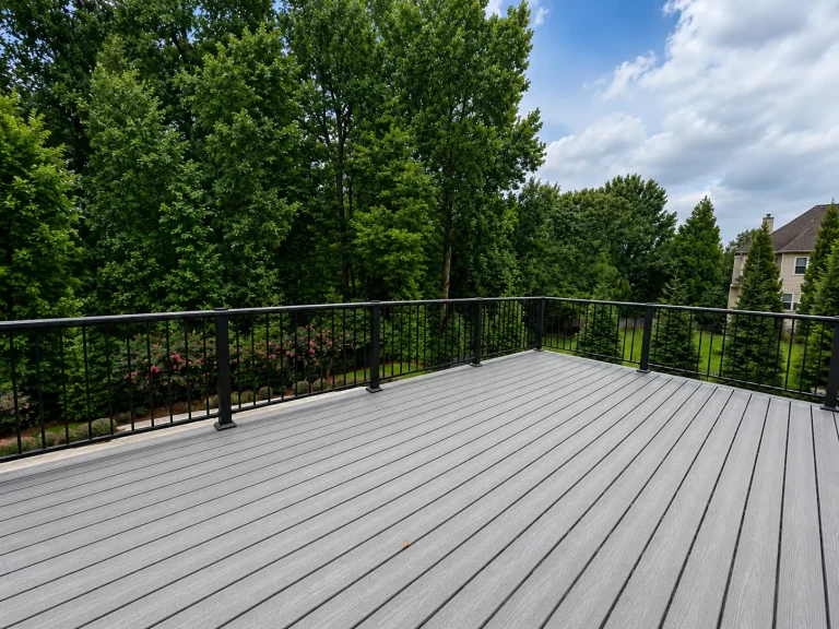 Backyard deck renovation with gray composite boards and black metal railing in Johns Creek, GA