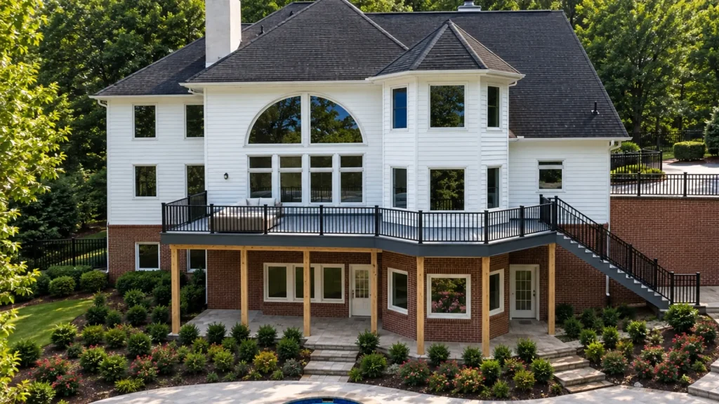 Custom outdoor deck with black railings overlooking a landscaped backyard in Alpharetta, Georgia.