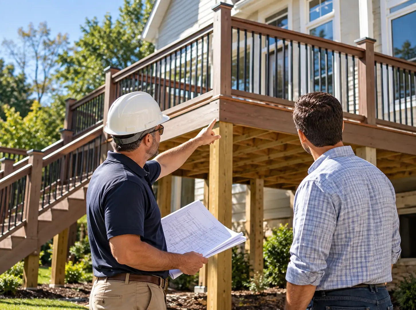 Deck construction inspection with plans beside a custom deck in North Atlanta, GA.