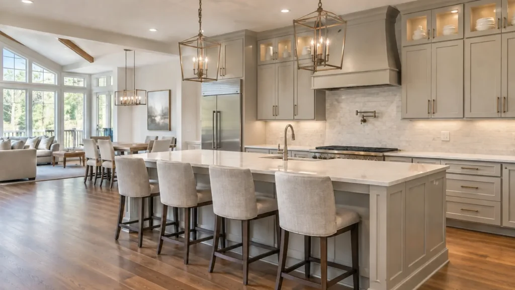 Remodeled kitchen in Alpharetta, GA with a large island, custom cabinetry, quartz countertops, and modern lighting.