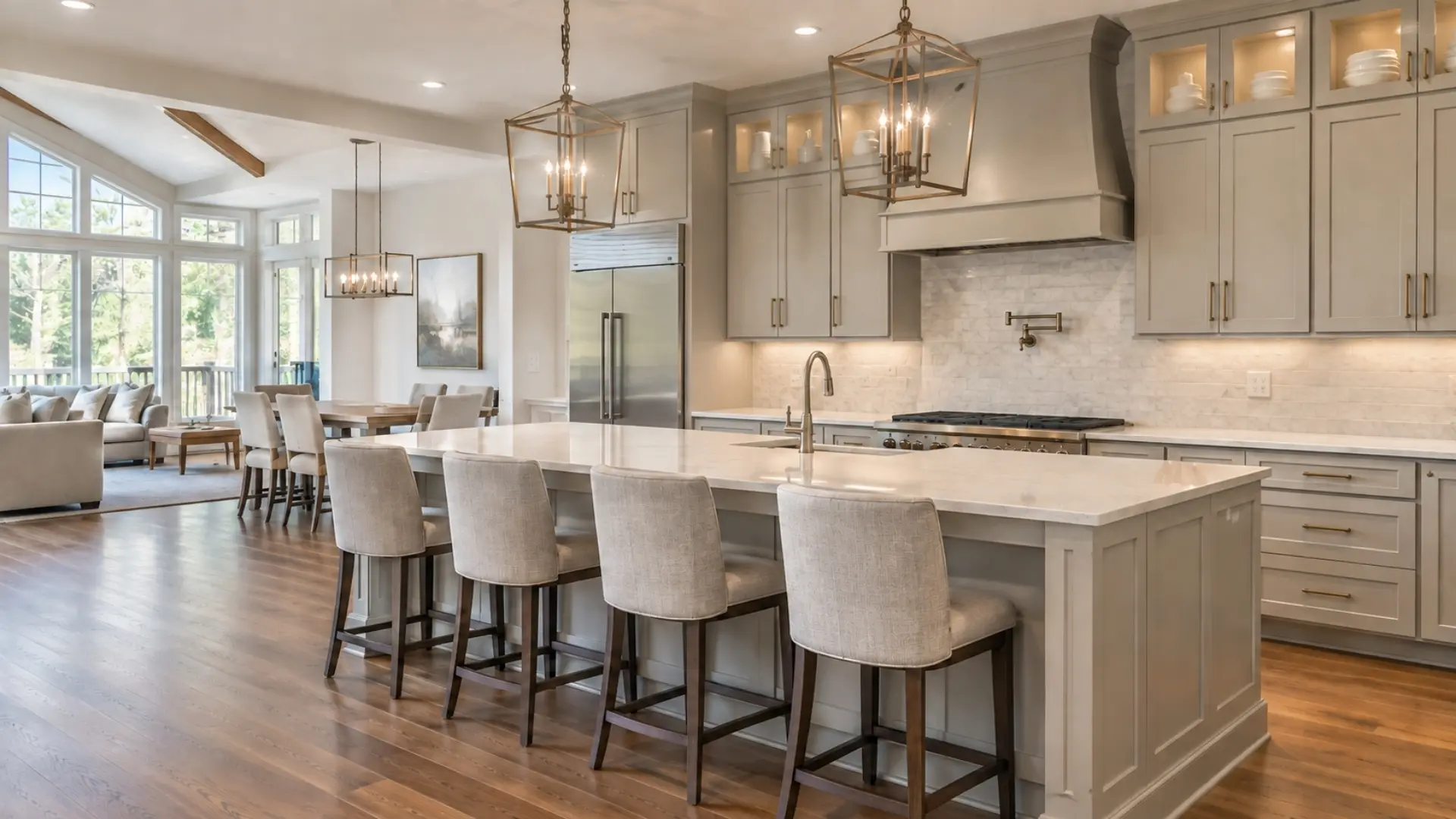 Remodeled kitchen in Alpharetta, GA with a large island, custom cabinetry, quartz countertops, and modern lighting.