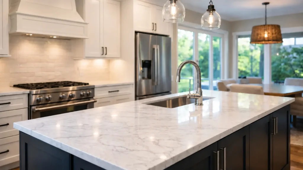 Luxury kitchen remodel in Johns Creek, GA featuring white cabinetry, a large quartz island, stainless steel appliances, and pendant lighting.