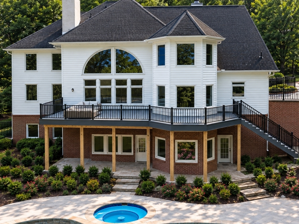 Custom composite deck with black railings overlooking a backyard pool in Johns Creek, Georgia.