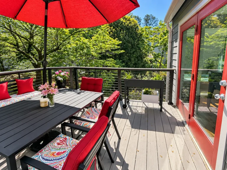 Finished TimberTech deck with outdoor dining space, cable railing, and gray decking in Marietta, GA.