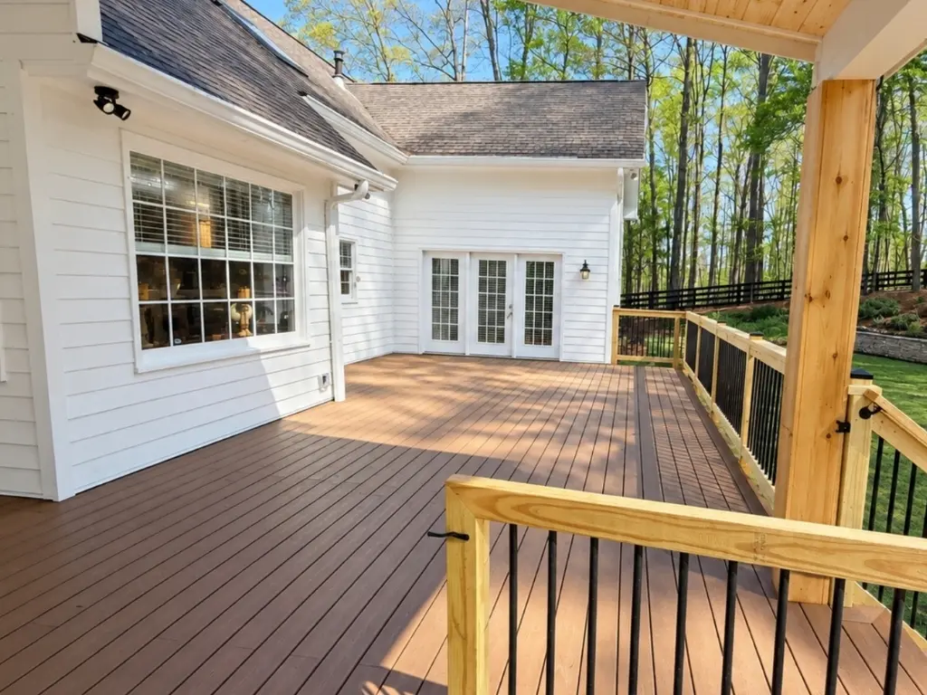 Trex composite deck with wood railing and black aluminum balusters in Bethany Creek, Alpharetta, GA.