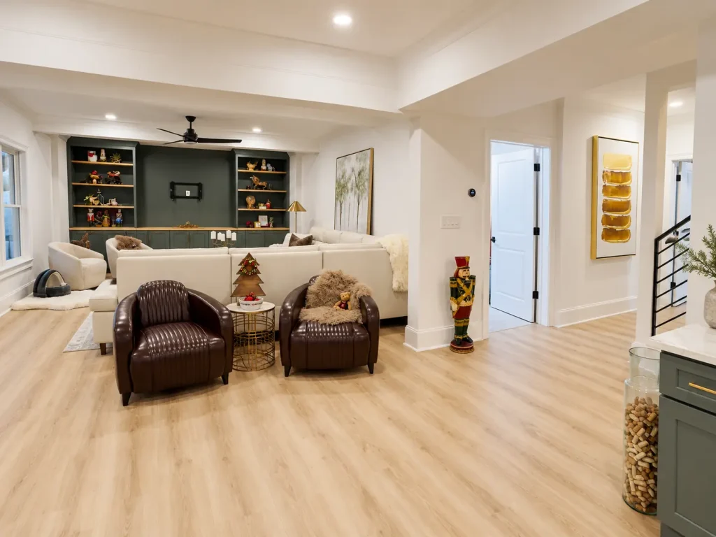 Finished basement remodel with custom built-ins and open living area in Alpharetta, GA