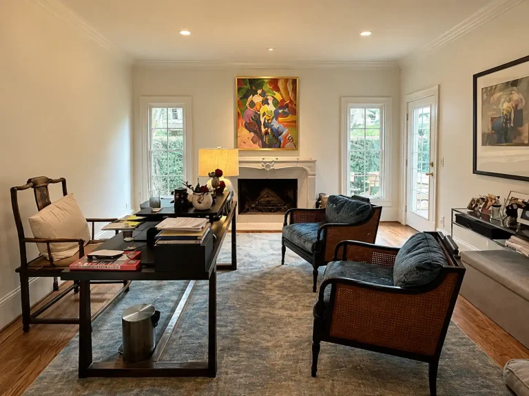 Renovated home office with fireplace, hardwood floors, and custom finishes in Buckhead, GA.