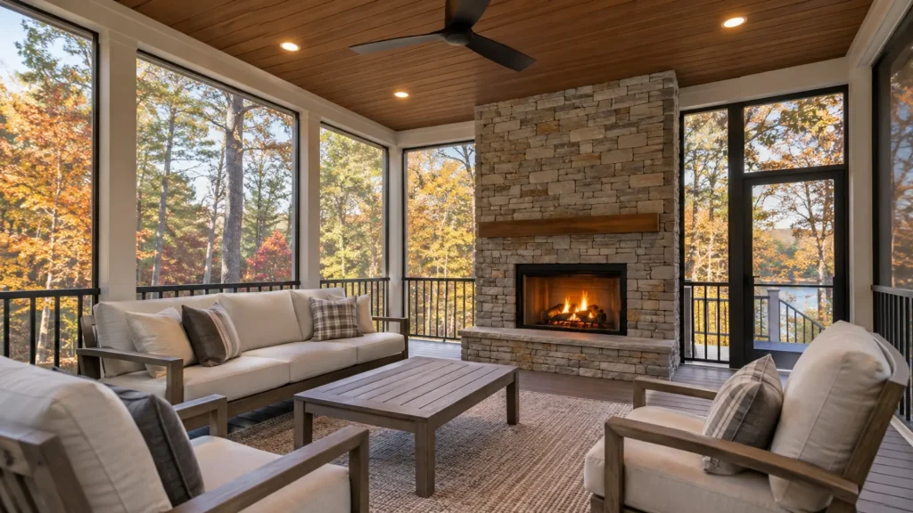 Luxury screened porch with fireplace overlooking fall foliage in North Atlanta