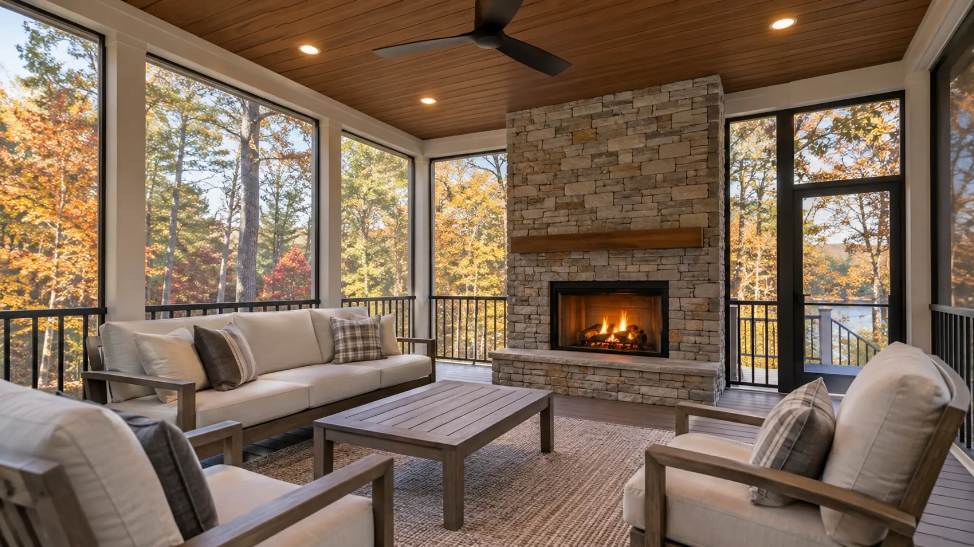 Luxury screened porch with fireplace overlooking fall foliage in North Atlanta