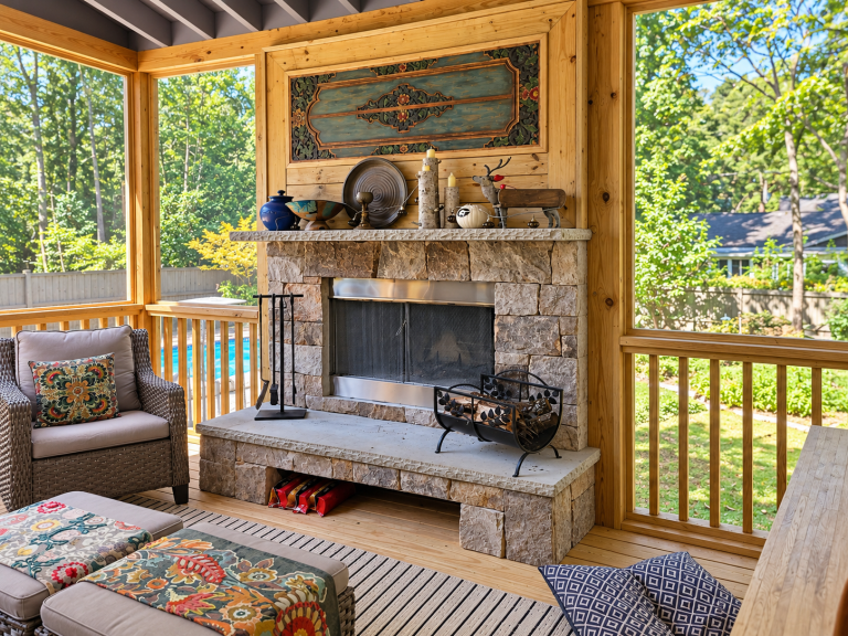 Fireplace with stone accents inside a custom screened porch. Interior screened-porch-interior-fireplace.webp Spacious screened porch interior featuring a fireplace and exposed ceiling details. Exterior custom-screened-porch-deck-north-atlanta.webp Exterior view of an elevated screened porch and deck. Deck flooring screened-porch-wood-decking.webp Wood decking inside a custom screened porch. Railings screened-porch-wood-railings.webp Traditional wood railings on an elevated screened porch. Lower deck screened-porch-lower-deck.webp Lower backyard deck connected to an elevated screened porch. Backyard screened-porch-backyard-transformation.webp Backyard outdoor living space featuring a screened porch with fireplace.