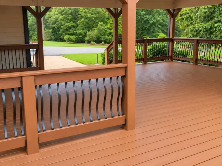Trex composite deck with wood-tone decking and decorative black metal railings