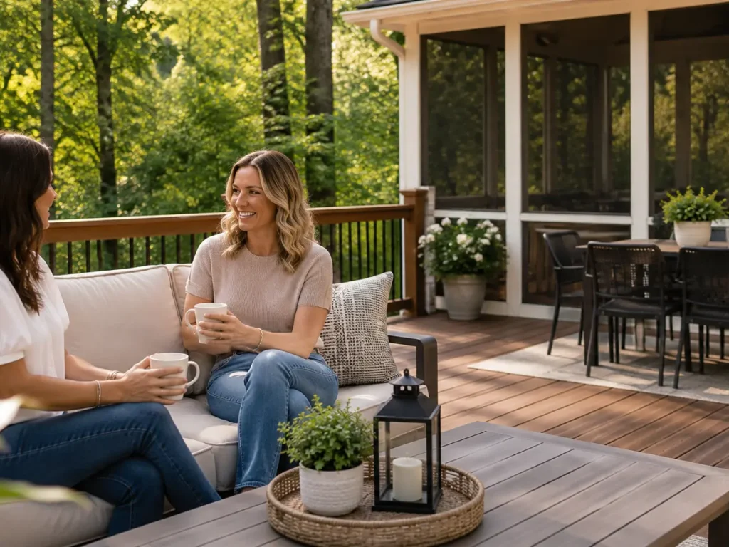 Two friends relaxing on a custom deck with a screened porch in North Atlanta