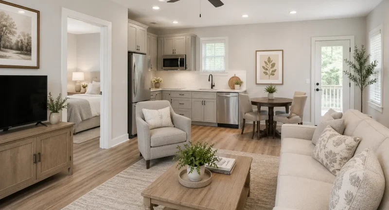 luxury-in-law-suite-addition-north-atlanta Luxury in-law suite addition with open-concept living area and private bedroom.