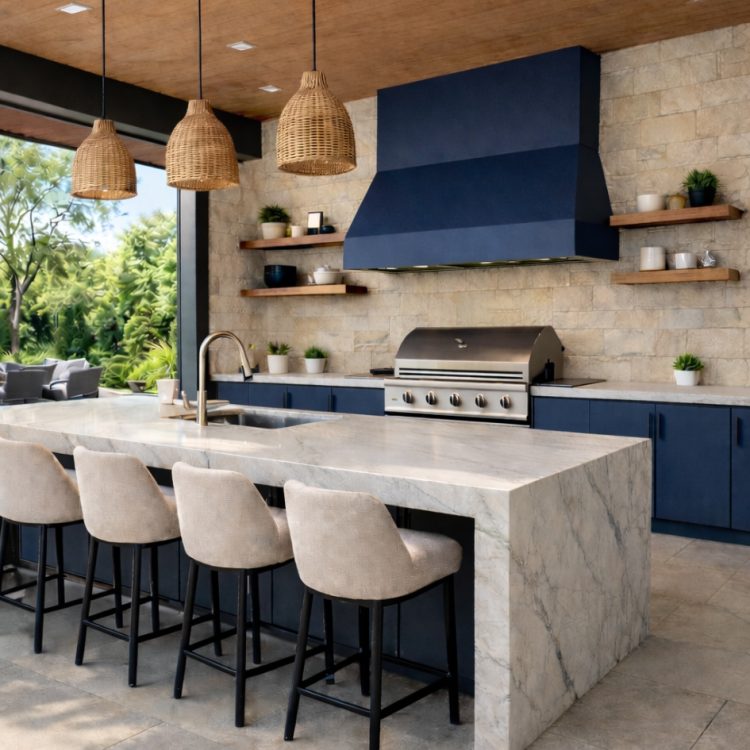 Outdoor kitchen on composite deck in Alpharetta, Roswell, Sandy Springs GA with built-in grill, refrigerator, and modern cabinetry